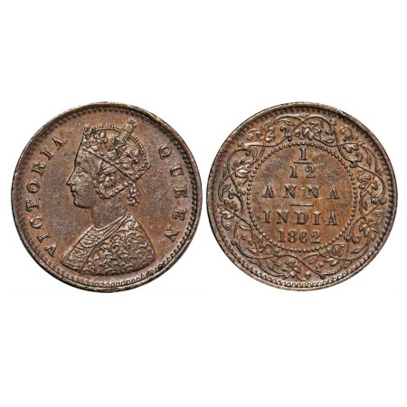 Victoria Queen, Copper, 1/12 Anna, 1862, Madras Mint, A/I. F. Prid 781. GK 405. Almost Unc
