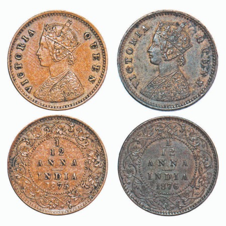 Victoria Queen, Copper, 1/12 Anna, (2 coins), 1875, 1876, Calcutta Mint, Obv A, No mint ma