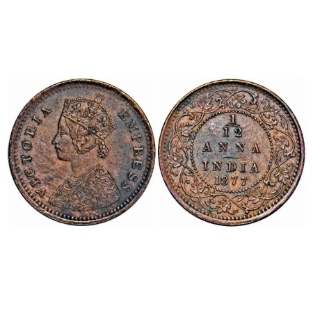 Victoria Empress, Copper, 1/12 Anna, 1877, Bombay Mint, Obv A, No mint mark. F. Prid 809. 
