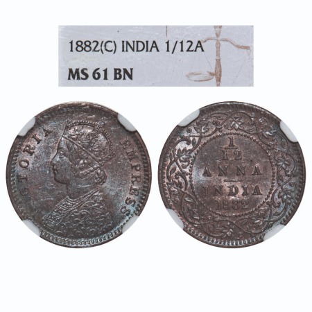 Victoria Empress, Copper, 1/12 Anna, 1882, Calcutta Mint, Obv B, 'C' incused. F. Prid 788.