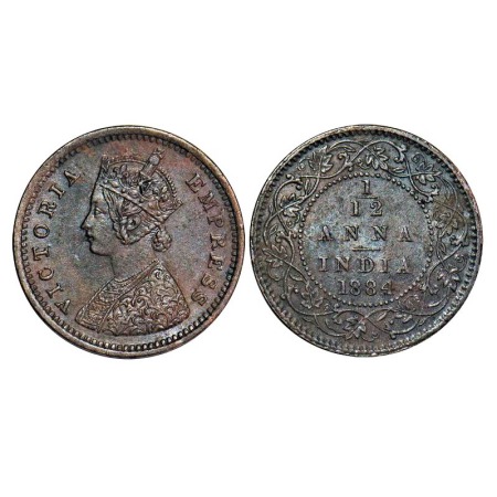 Victoria Empress, Copper, 1/12 Anna, 1884, Bombay Mint, Obv A, No mint mark. F. Prid 812. 