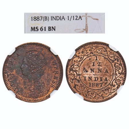 Victoria Empress, Copper, 1/12 Anna, 1887, Bombay Mint, Obv A, No mint mark. F. Prid 814. 
