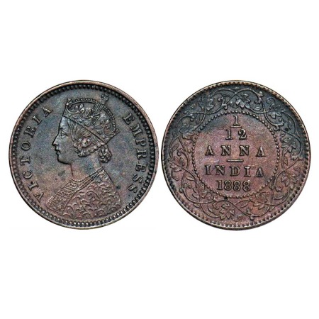Victoria Empress, Copper, 1/12 Anna, 1888, Calcutta Mint, Obv A, No mint mark, Ghost on Re