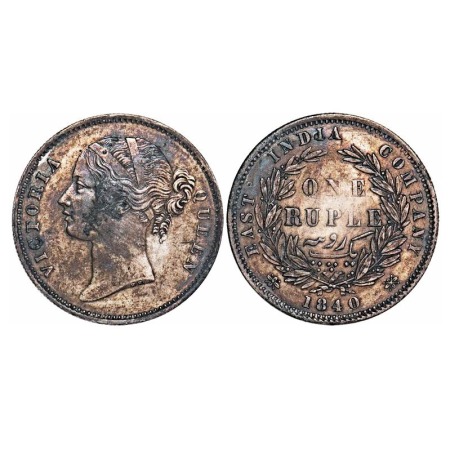 Victoria Queen, Silver, Rupee, 1840, DL, Calcutta Mint, W.W. raised, Large Diamonds, Wreat