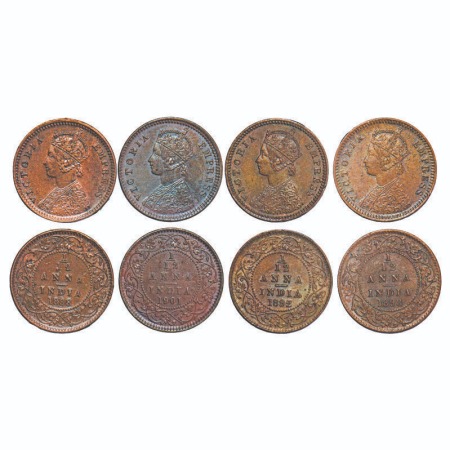 Victoria Empress, Copper, 1/12 Anna, (4 coins), 1888, 1892, 1898, 1901, Calcutta Mint, Obv