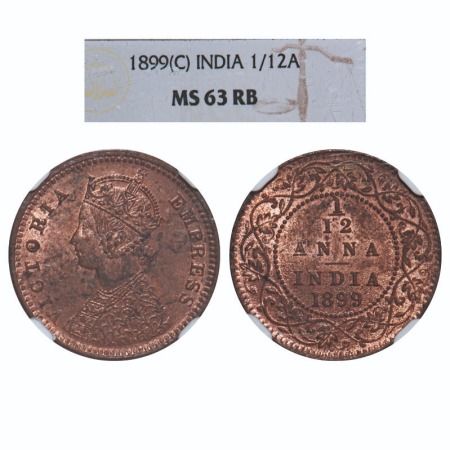 Victoria Empress, Copper, 1/12 Anna, 1899, Calcutta Mint, Obv B, No mint mark. F. Prid 794