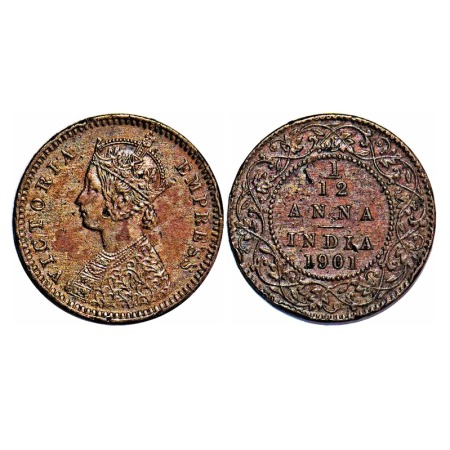Victoria Empress, Copper, 1/12 Anna, 1901, Calcutta Mint, Obv B, No mint mark. F. Prid 805