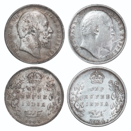 Edward VII, Silver, Rupee, (2 coins), 1) 1903, Bombay Mint, 'B' incused and dot, 2) 1904, 