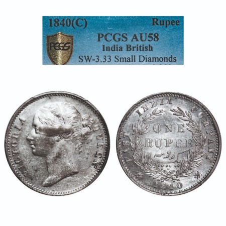 Victoria Queen, Silver, Rupee, 1840, DL, Calcutta Mint, W.W. raised, Wreath with 28 Berrie