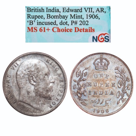 Edward VII, Silver, Rupee, 1906, Bombay Mint, 'B' incused and dot. F. Prid. 202. GK 940. N