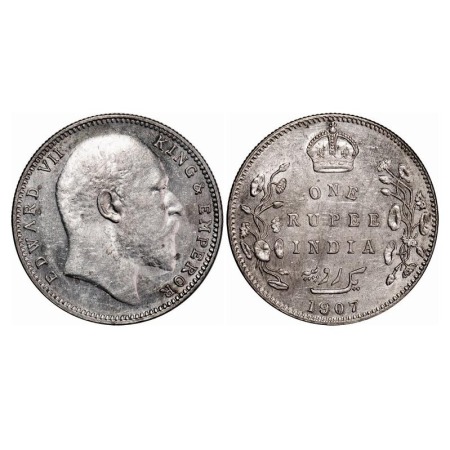 Edward VII, Silver, Rupee, 1907, Bombay Mint, 'B' incused and dot. F. Prid 203. GK 944. Un