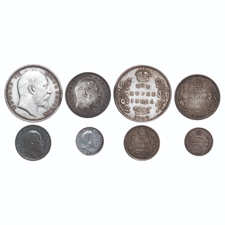 Edward VII, Silver, 1907, (4 coins), 1) Rupee, Bombay Mint, 'B' incused and dot, 2) Half R