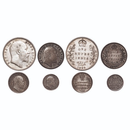 Edward VII, Silver, 1908, (4 coins), 1) Rupee, Bombay Mint, 'B' incused and dot, 2) Half R