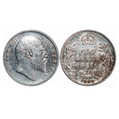 Edward VII, Silver, Rupee, 1909, Calcutta Mint, No mint mark. F. Prid. 195. GK 950. Almost