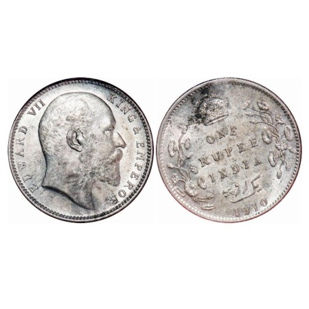 Edward VII, Silver, Rupee, 1910, Calcutta Mint, No mint mark, Die rotation on Rev. F. Prid