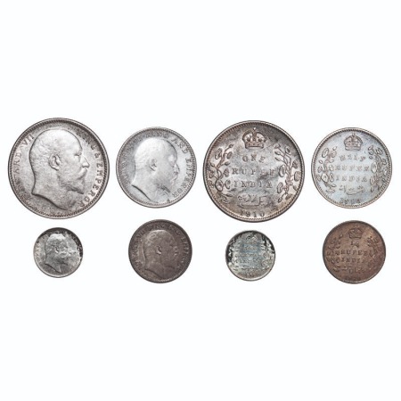 Edward VII, Silver, 1910, (4 coins), 1) Rupee, Calcutta Mint, No mint mark, 2) Half Rupee,