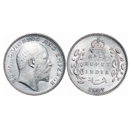 Edward VII, Silver, Half Rupee, 1907, Calcutta Mint, No mint mark, Ghost on Rev. F. Prid 3