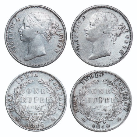 Victoria Queen, Silver, Rupee, 1840, DL, (2 coins), Calcutta Mint, W.W. raised, Wreath wit