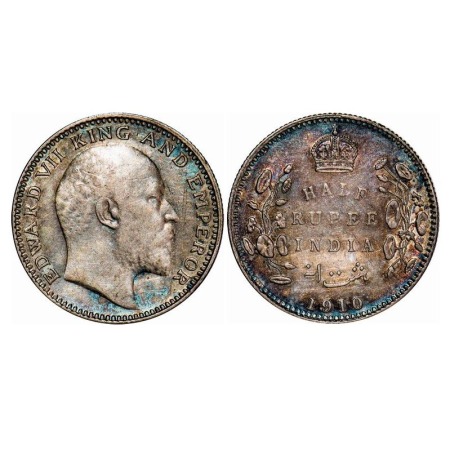 Edward VII, Silver, Half Rupee, 1910, Calcutta Mint, No mint mark. F. Prid 314. GK 971. Ex
