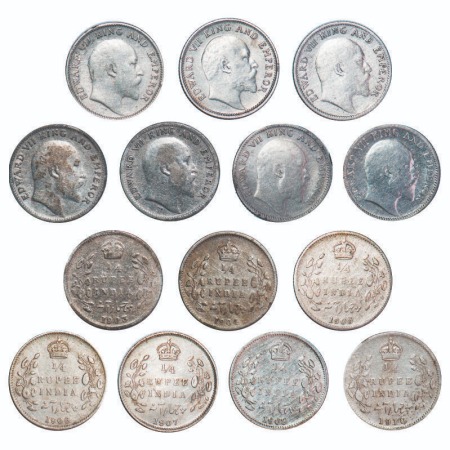 Edward VII, Silver, 1/4 Rupee, (lot of 7 coins), 1903, 1904, 1905, 1906, 1907, 1908, 1910,