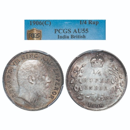 Edward VII, Silver, 1/4 Rupee, 1906, Calcutta Mint, No mint mark. F. Prid 435. GK 975. PCG