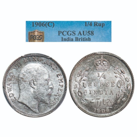 Edward VII, Silver, 1/4 Rupee, 1906, Calcutta Mint, No mint mark. F. Prid 435. GK 975. PCG