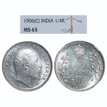 Edward VII, Silver, 1/4 Rupee, 1906, Calcutta Mint, No mint mark. F. Prid 435. GK 975. NGC