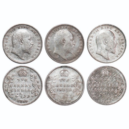Edward VII, Silver, 2 Annas, (3 coins), 1) 1903, Calcutta Mint, No mint mark, 2) 1910, Cal