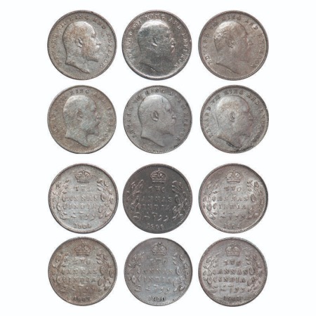 Edward VII, Silver, 2 Annas, (lot of 6 coins), 1903, 1904, 1905, 1906, 1907, 1910, Calcutt