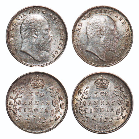 Edward VII, Silver, 2 Annas, (2 coins), 1904, 1905, Calcutta Mint, No mint mark. F. Prid 5
