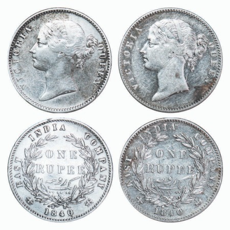 Victoria Queen, Silver, Rupee, 1840, DL, (2 coins), Calcutta Mint, W.W. raised, Wreath wit
