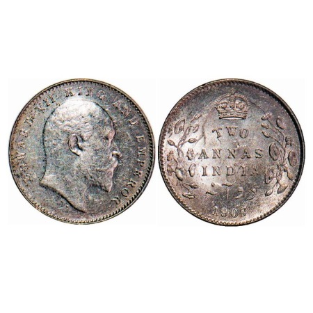 Edward VII, Silver, 2 Annas, 1907, Calcutta Mint, No mint mark, Ghost on Rev. F. Prid 560.