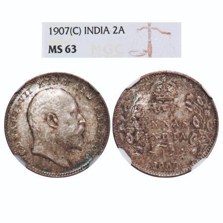 Edward VII, Silver, 2 Annas, 1907, Calcutta Mint, No mint mark. F. Prid 560. GK 984. NGC S