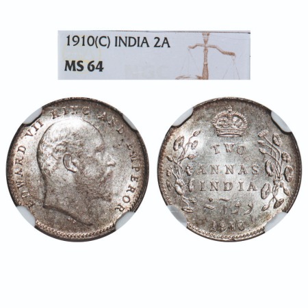 Edward VII, Silver, 2 Annas, 1910, Calcutta Mint, No mint mark. F. Prid 563. GK 987. NGC S