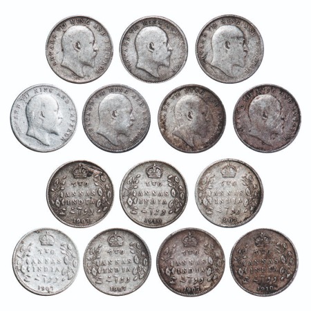 Edward VII, Silver, 2 Annas, (lot of 7 coins), 1907 (5 coins) & 1910 (2 coins), Calcutta M