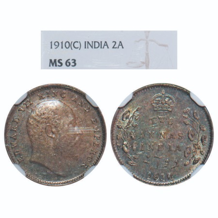 Edward VII, Silver, 2 Annas, 1910, Bombay Mint, Dot, (The slab indicates Calcutta Mint, No