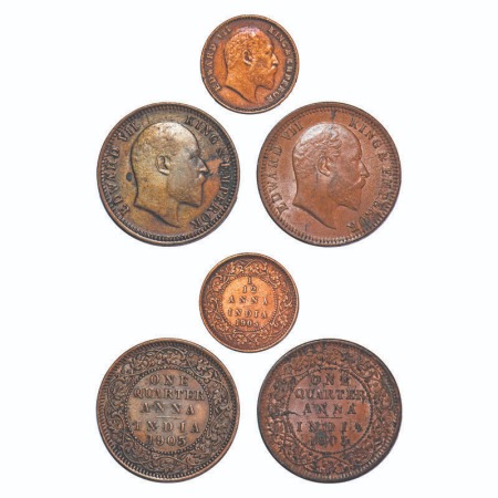 Edward VII, Copper, (3 coins), 1 & 2) Quarter Anna, 1903, Calcutta Mint, No mint mark, 3) 