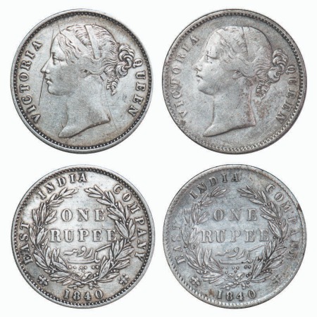 Victoria Queen, Silver, Rupee, 1840, DL, (2 coins), Calcutta Mint, W.W. raised, Wreath wit