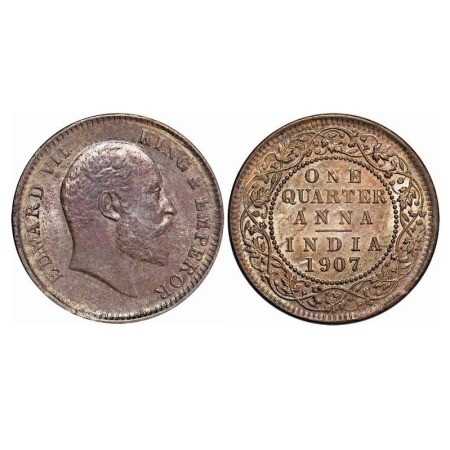 Edward VII, Bronze, Quarter Anna, 1907, Calcutta Mint, No mint mark, Ghost on Rev. F. Prid