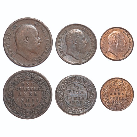 Edward VII, Bronze, (3 coins), 1) Quarter Anna, 1909, Calcutta mint, No mint mark, 2) 1/2 