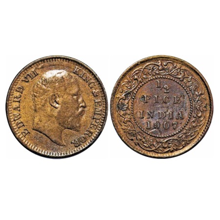 Edward VII, Bronze, 1/2 Pice, 1907, Calcutta Mint, No mint mark, Ghost on Rev. F. Prid 741