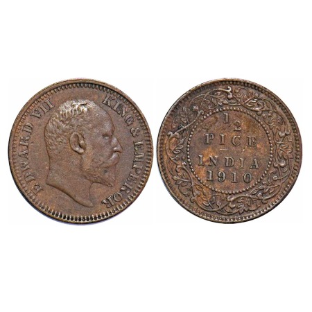 Edward VII, Bronze, 1/2 Pice, 1910, Calcutta Mint, No mint mark. F. Prid 744. GK 1011. Ext
