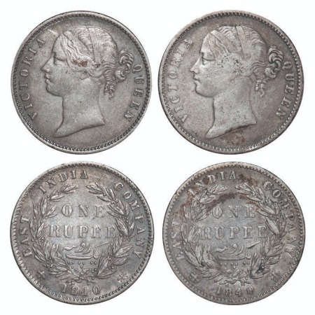 Victoria Queen, Silver, Rupee, 1840, DL, (2 coins), Calcutta Mint, W.W. raised, Wreath wit