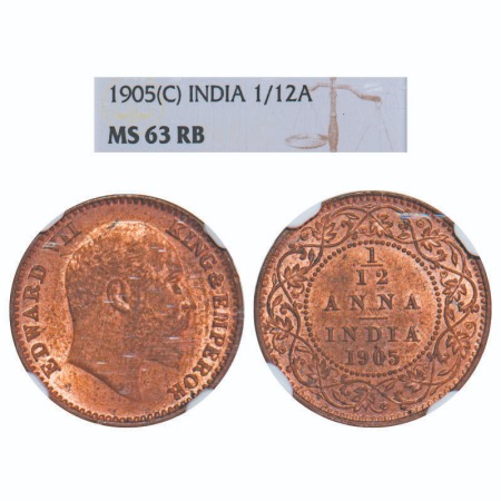Edward VII, Copper, 1/12 Anna, 1905, Calcutta Mint, No mint mark. F. Prid. 820. GK 1014. N