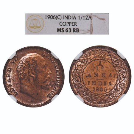 Edward VII, Copper, 1/12 Anna, 1906, Calcutta Mint, No mint mark. F. Prid 821. GK 1015. NG
