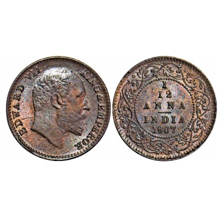 Edward VII, Bronze, 1/12 Anna, 1907, Calcutta Mint, No mint mark, Multiple die cracks on O