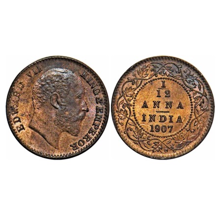 Edward VII, Bronze, 1/12 Anna, 1907, Calcutta Mint, No mint mark, Ghost on Rev, Planchet f