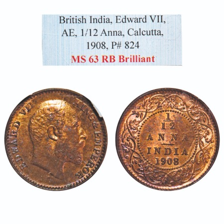 Edward VII, Bronze, 1/12 Anna, 1908, Calcutta Mint, No mint mark. F. Prid 824. GK 1018. NG