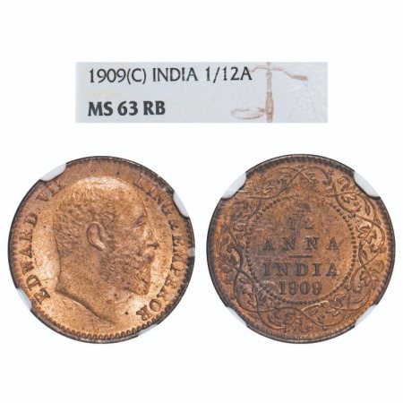 Edward VII, Bronze, 1/12 Anna, 1909, Calcutta Mint, No mint mark. F. Prid. 825. GK 1019. N