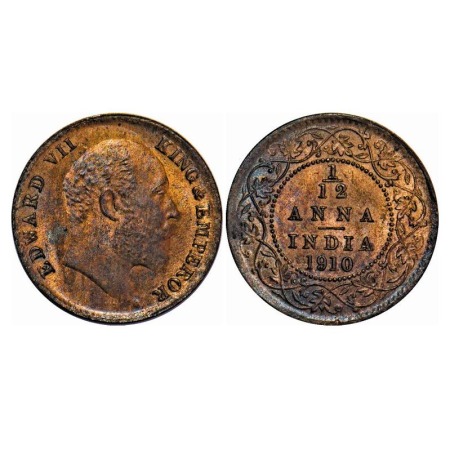 Edward VII, Bronze, 1/12 Anna, 1910, Calcutta Mint, No mint mark, Multiple die cracks on O